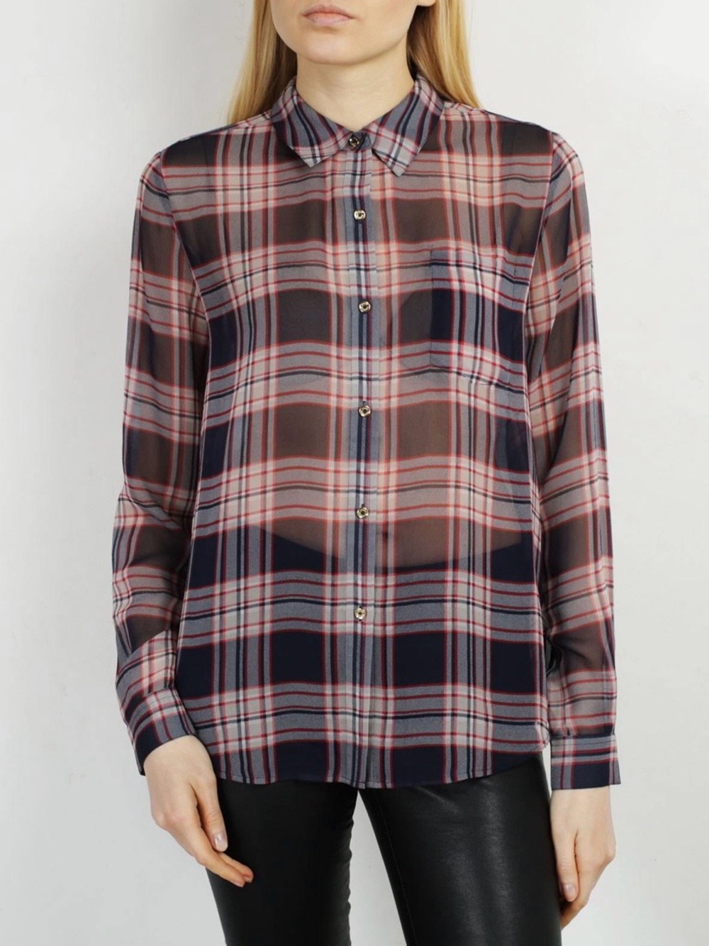 Juicy Couture Navy, Pink and Gray Plaid Button-Down Blouse